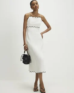 White Linen Blend Scallop Trim Midi Dress