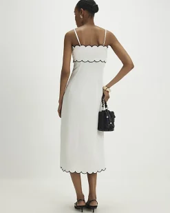 White Linen Blend Scallop Trim Midi Dress
