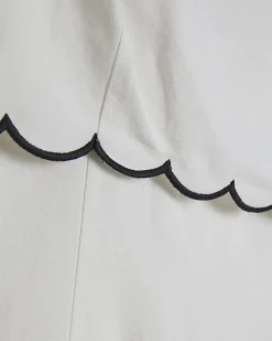 White Linen Blend Scallop Trim Midi Dress