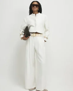White Linen Blend Tailored Bomber Jacket