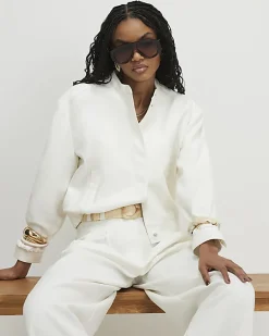 White Linen Blend Tailored Bomber Jacket