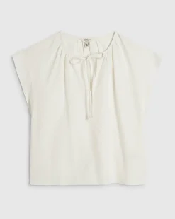 White Linen Blend Tie Neck Top