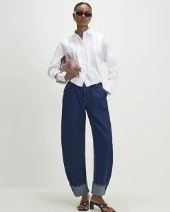 White Long Sleeve Bubble Hem Poplin Shirt