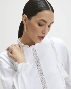 White Long Sleeve Frill Trim Smock Jersey Top