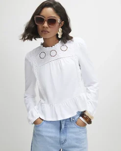 White Long Sleeve Jersey Floral Broderie Top