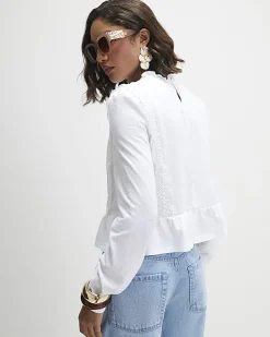 White Long Sleeve Jersey Floral Broderie Top
