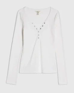 White Long Sleeve Popper Ribbed Top