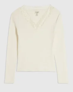 White Long Sleeve Ribbed Lace Trim Top