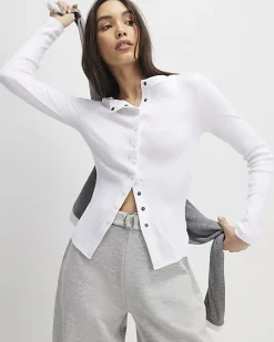 White Long Sleeve Ribbed Popper Top