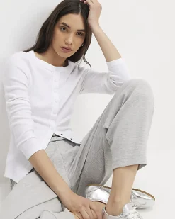 White Long Sleeve Ribbed Popper Top