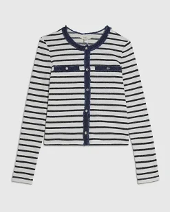 White Long Sleeve Striped Denim Mix Cardigan