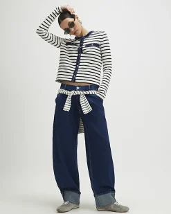 White Long Sleeve Striped Denim Mix Cardigan