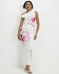 White Mesh Floral Print Top