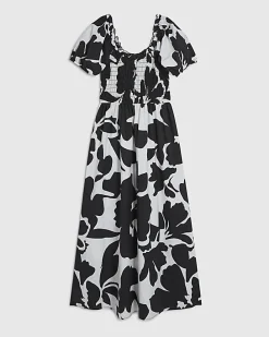White Monochrome Floral Shirred Midi dress