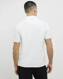 White Muscle Fit Textured Zip Polo Shirt