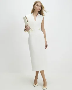 White Notch Neck Gold Detail Midi Dress