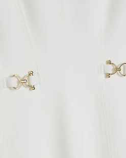 White Notch Neck Gold Detail Midi Dress