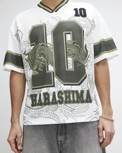 White Oversized Fit Dragon Graphic T-Shirt