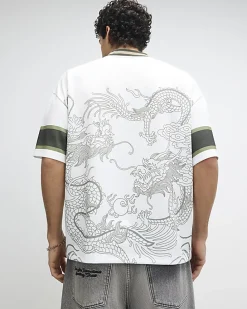 White Oversized Fit Dragon Graphic T-Shirt