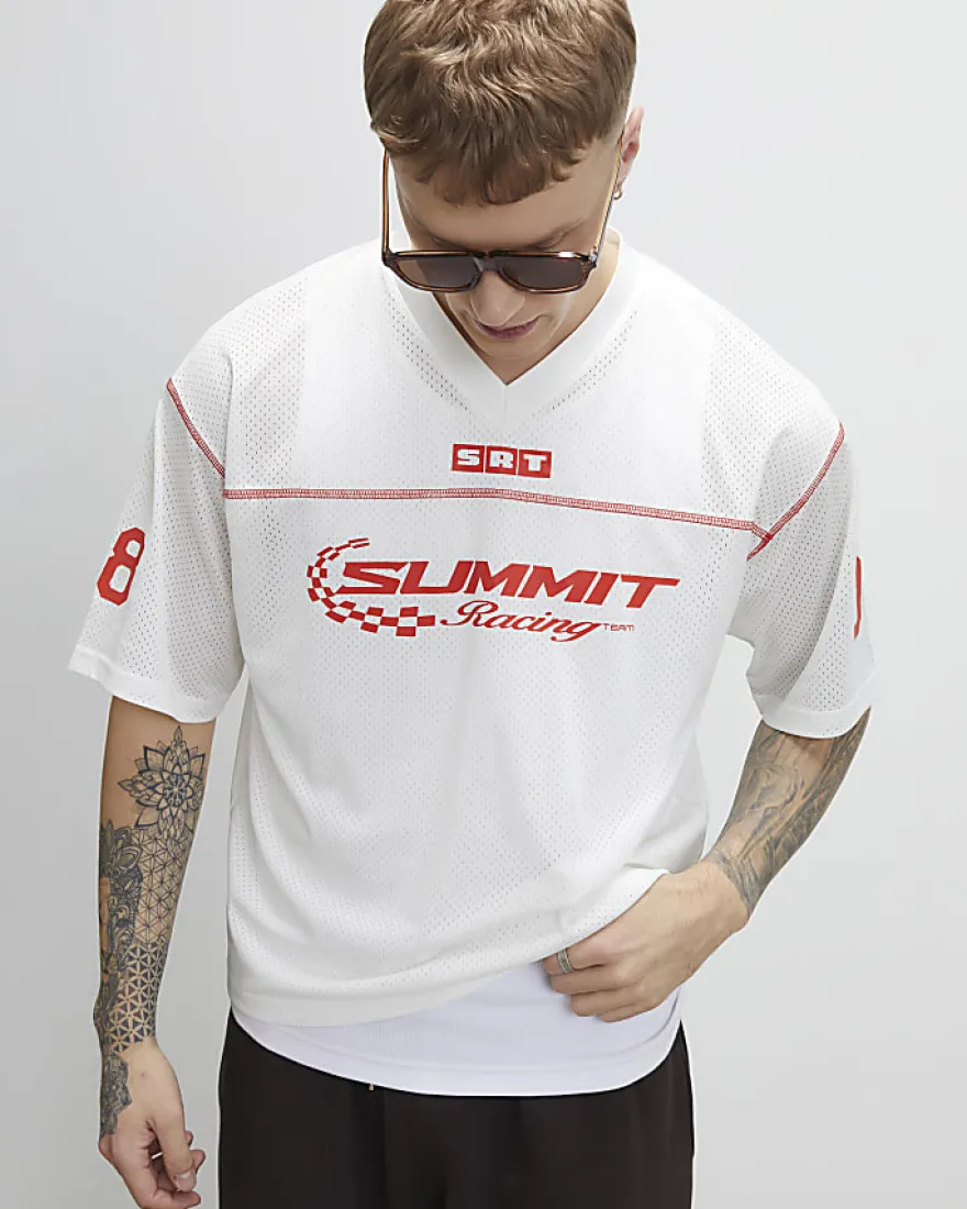 White Oversized Fit V Neck Mesh Print T-Shirt