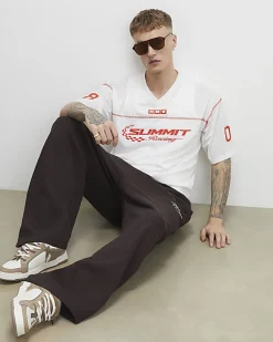 White Oversized Fit V Neck Mesh Print T-Shirt