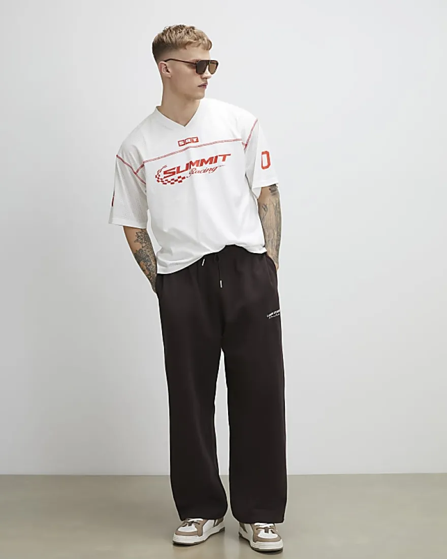 White Oversized Fit V Neck Mesh Print T-Shirt
