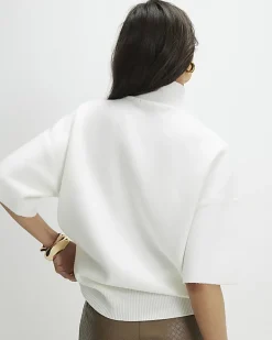 White Oversized Knitted High Neck Top