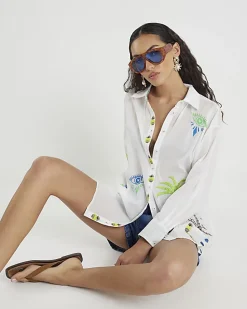 White Palm Tree Embroidered Shirt
