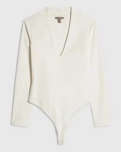 White Plunge Neckline Long Sleeve Bodysuit
