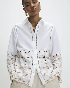 White Poplin Broderie Hem Shirt