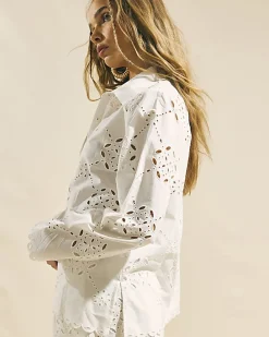 White Poplin Long Sleeve Broderie Shirt