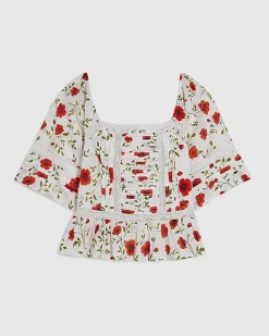 White Poppy Print Blouse
