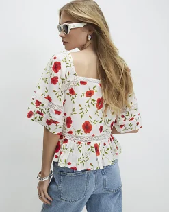 White Poppy Print Blouse