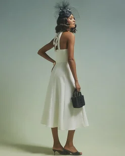 White Premium Bow Back Detail Midi Dress