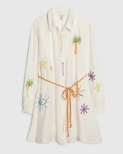 White Print Tie Shirt Dress