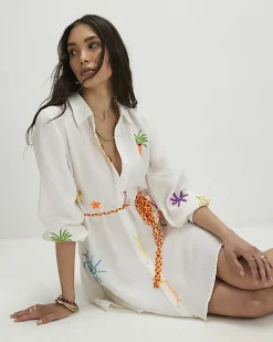 White Print Tie Shirt Dress