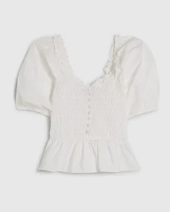 White Puff Sleeve Shirred Top