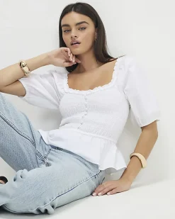 White Puff Sleeve Shirred Top