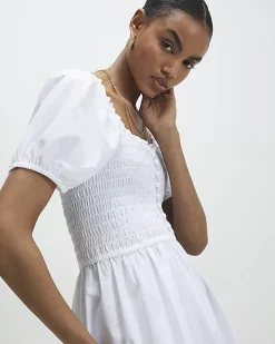 White Puff Sleeve Shirred Mini Dress