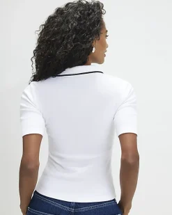 White Ribbed Polo Top