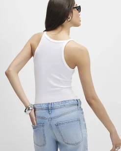 White Ribbed Racer Front Tank Top