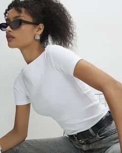 White Short Sleeve Cotton Boat Neck Top