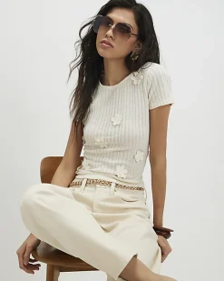 White Short Sleeve 3D Flower Trim Top