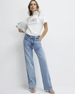White Short Sleeve Embellished Love T-shirt