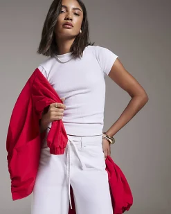 White Short Sleeve Fitted Ribbed Top