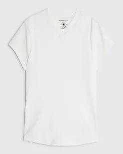 White Short Sleeve High V Neck Ribbed Top