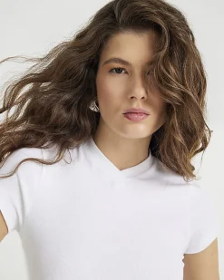White Short Sleeve High V Neck Ribbed Top