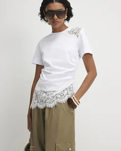 White Short Sleeve Lace Asymmetric Ruched Top
