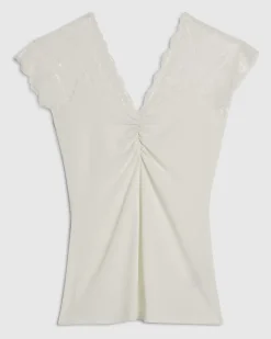 White Short Sleeve Lace Trim Ruched Top