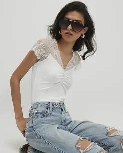 White Short Sleeve Lace Trim Ruched Top